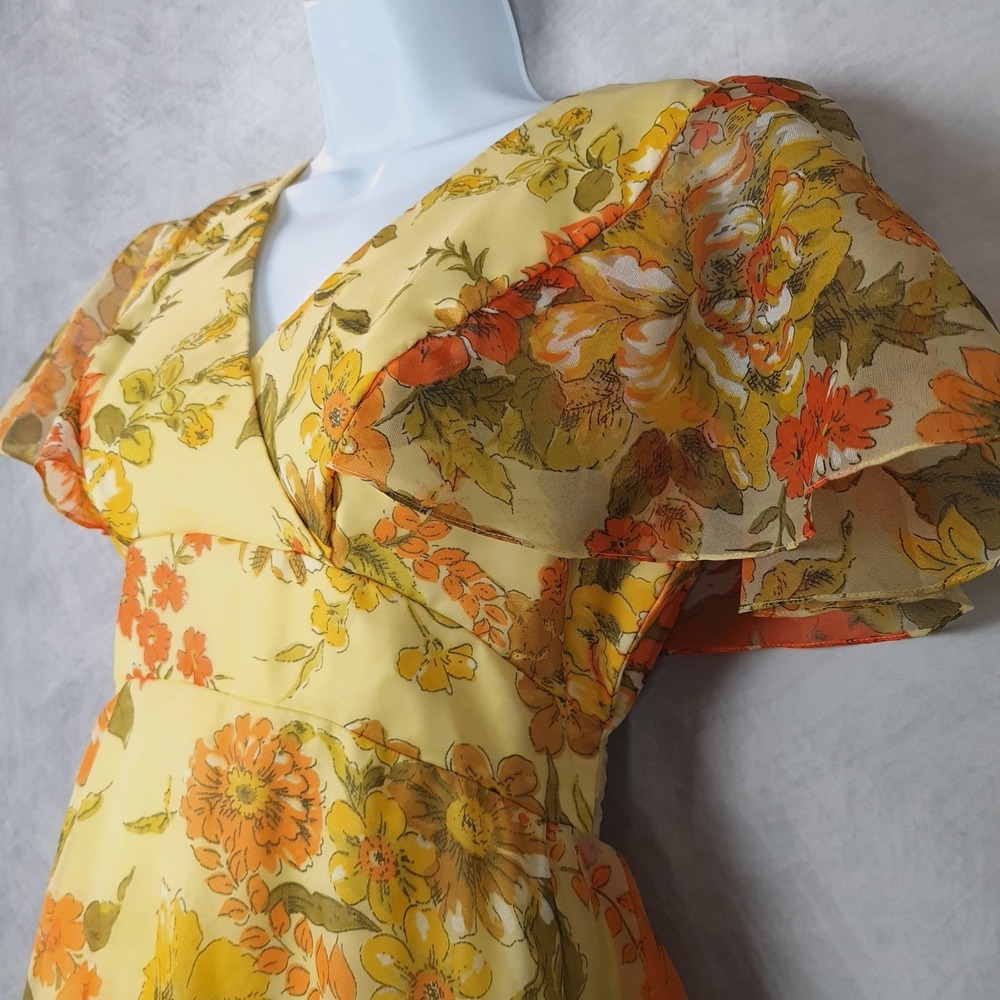 Vntg Floral Dress Jacket Womens 12 Yellow Chiffon Maxi 70s Mod Flutter Sleeve - Picture 5 of 16